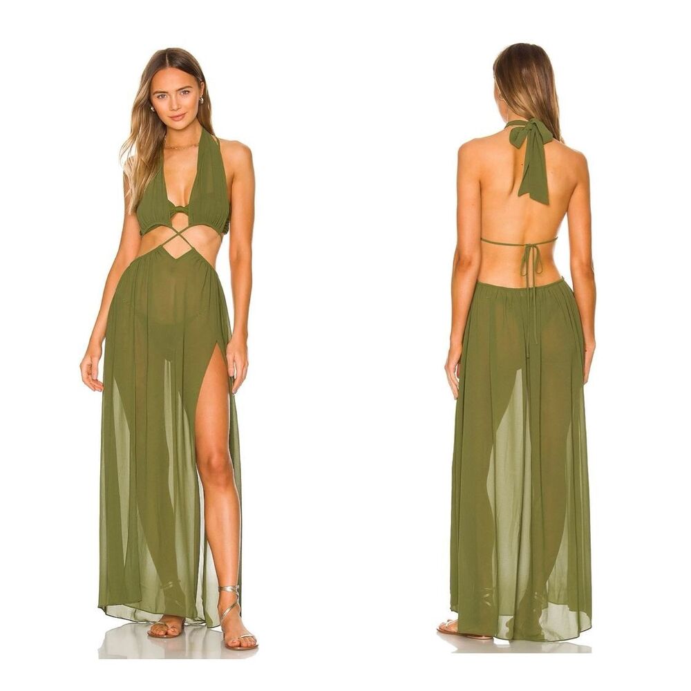 Camila Coelho Sexy Olive Green Sheer Halter Maxi Dress Size Medium Beach Cover